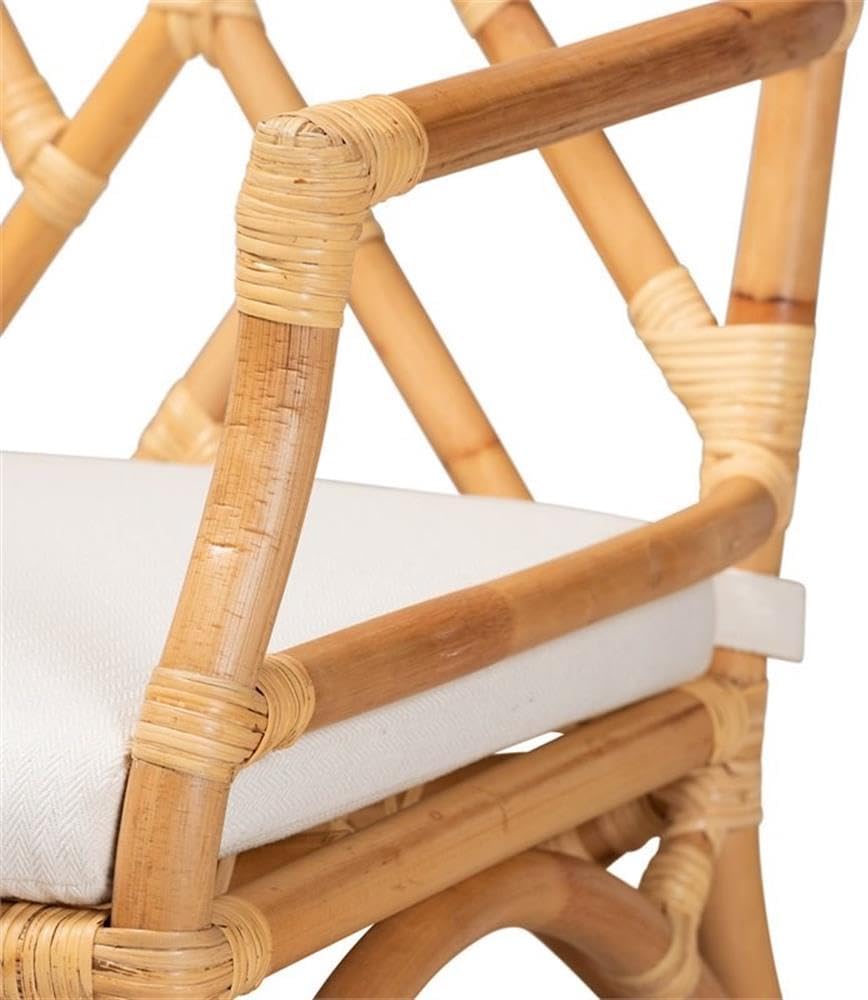 BOWERY HILL Modern Rattan and Fabric Armchair, 40.6" x 22.8" x 23.8", Natural and Beige Finish, Handmade in Indonesia, Foam-Padded Removable Cushion, Geometric Backrest Design, Accent Chair for