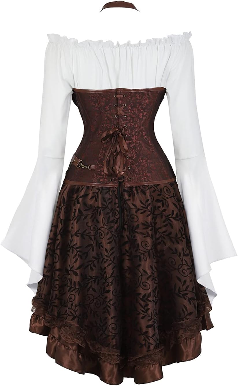 Hengzhifeng Women Steampunk Leather Corsets Tops with Gothic Skirt and White Off Shoulder Blouse