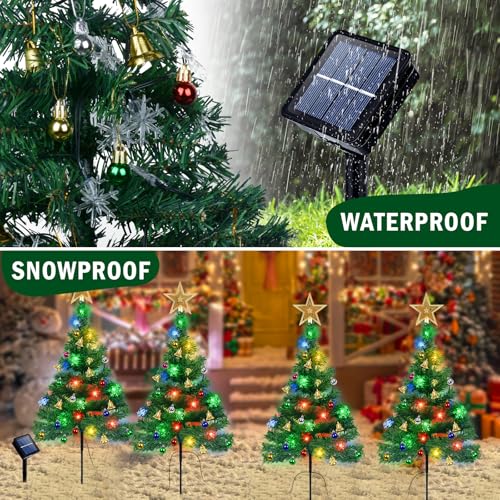 Solar Christmas Tree with Star Topper - 4 Pack with Snowflake 80LED Lights, Outdoor Garden Lights with Bells for Decoration - Image 3
