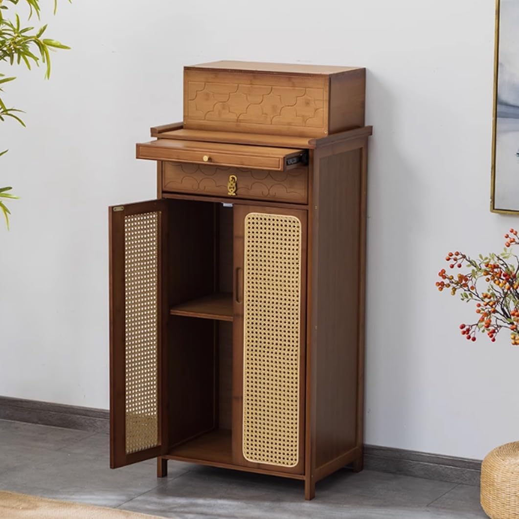 YVYKFZD Bamboo Shrine Altar Table, Simple Buddhist Altar Cabinet Meditation Table with Storage, Chinese Cabinet Buddha Niche with Plastic Rattan Cabinet Door(Black Walnut,52x38x101cm)