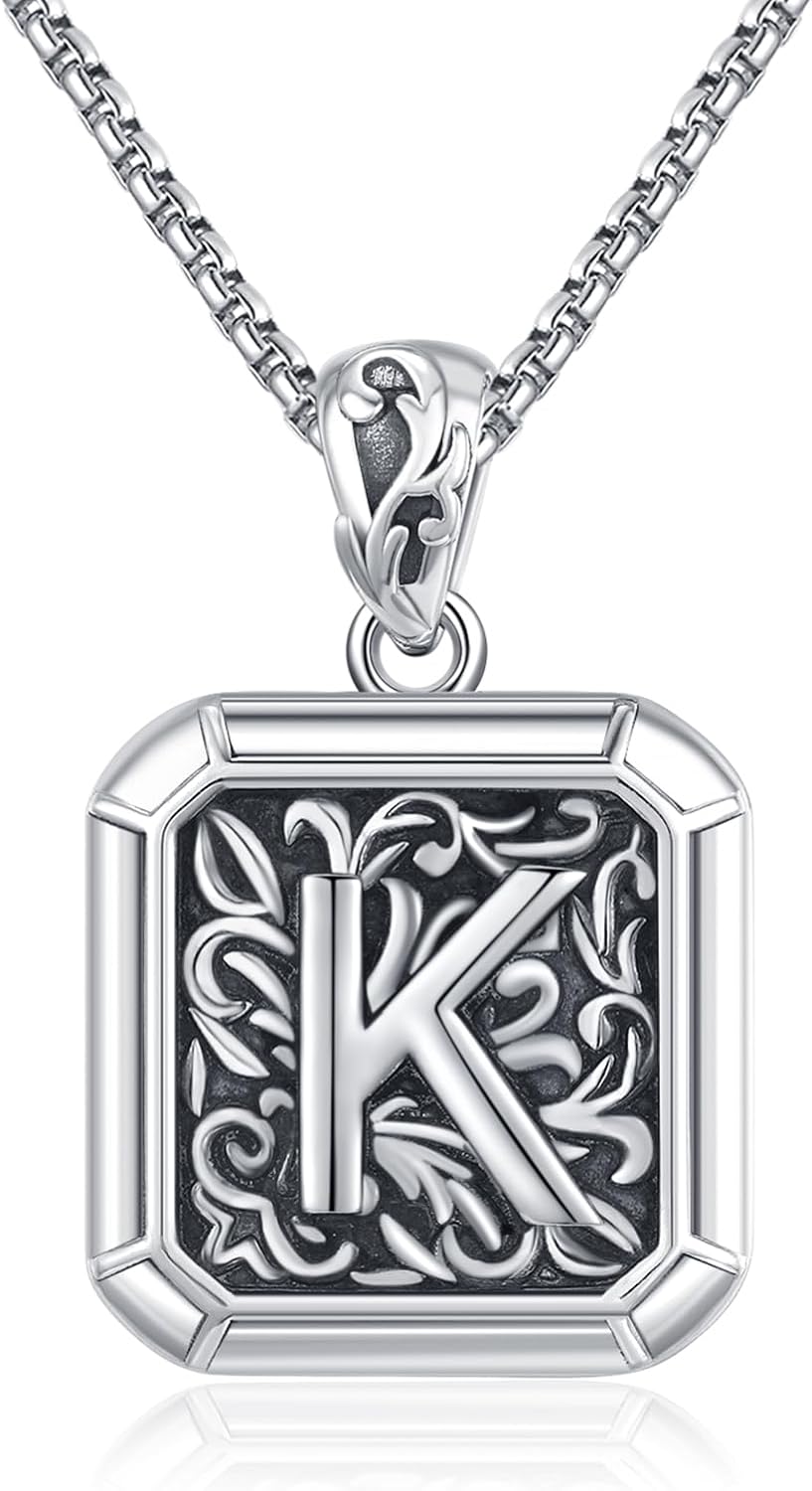 925 Sterling Silver Square Initial Letter Pendant Necklace Jewelry Birthday Gifts for Men With 316L Stainless Steel Chain and Gifts Box