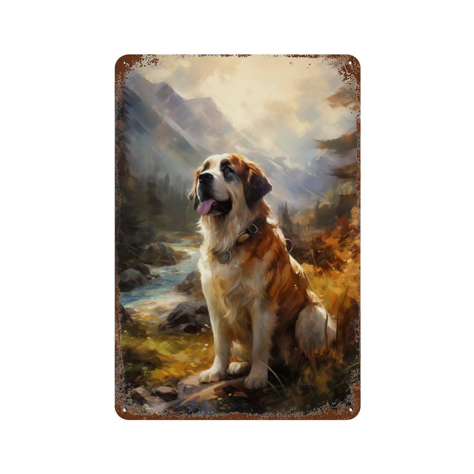 Aged Metal Wall Plaque with St Bernard Dog Design 11.8"x7.9", for Pub, Kitchen And Man Cave Decor, Shabby Chic Decor