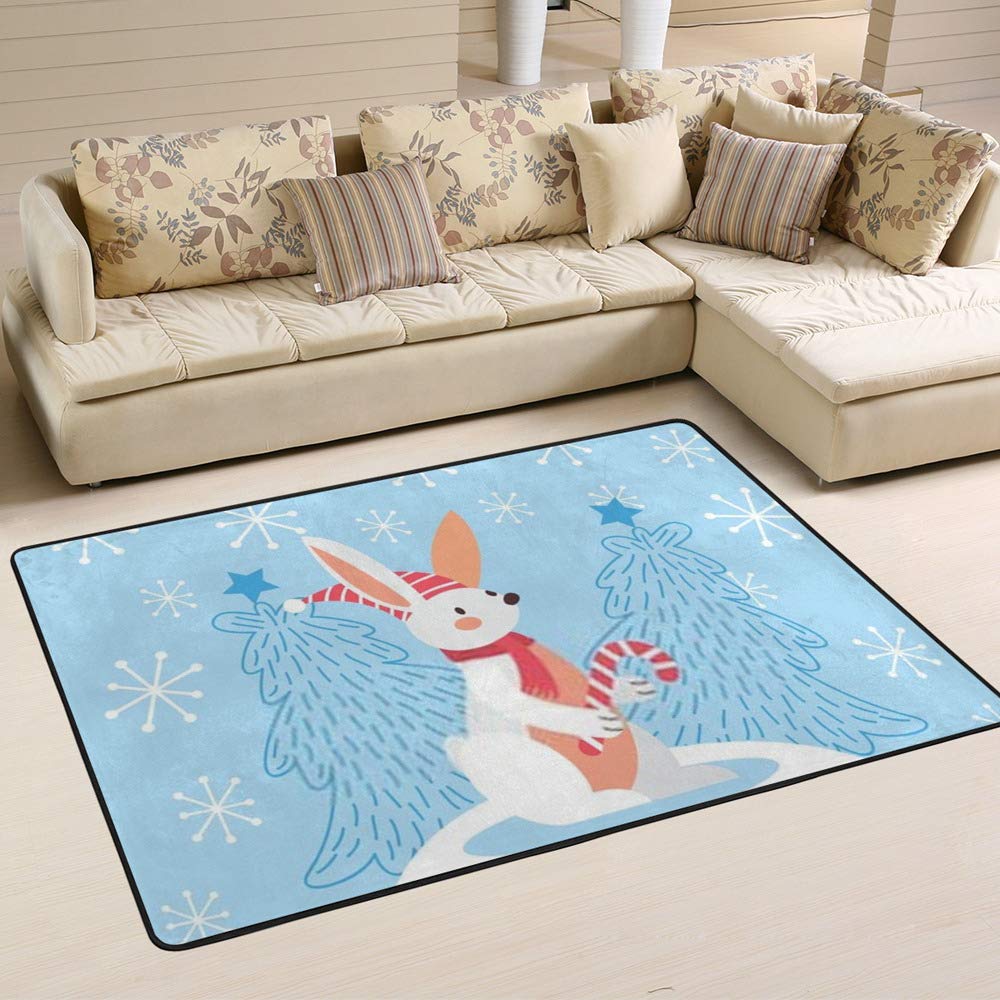 Tapis de Noël mignon bleu azur lapin de l'hiver pour la chambre de vos enfants