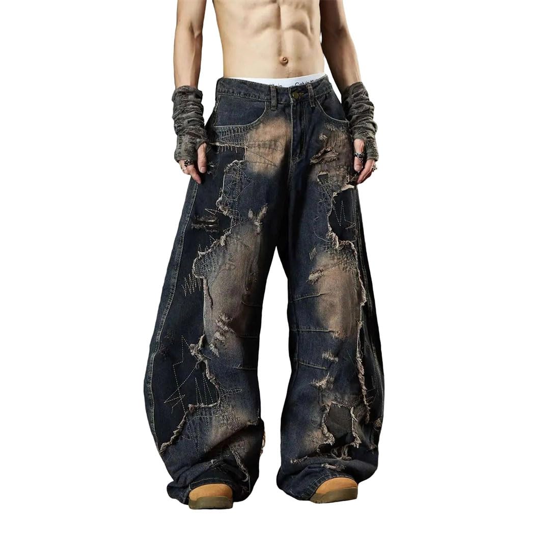 Mens Patched Wide Denim Jeans - Vintage Design Comfort Casual Concise Fit Straight Long Street Pants