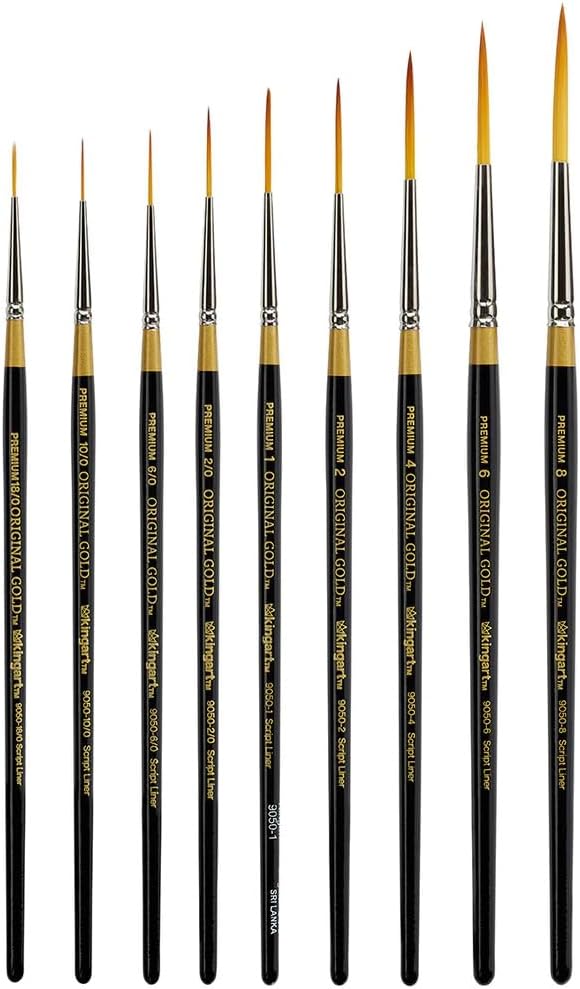 KINGART Original Gold 9050 Script Liner Series, Premium Golden Taklon Multimedia Artist Brushes, Sizes: 18/0, 10/0, 6/0, 2/0, 1, 2, 4, 6, 8, Set of 9