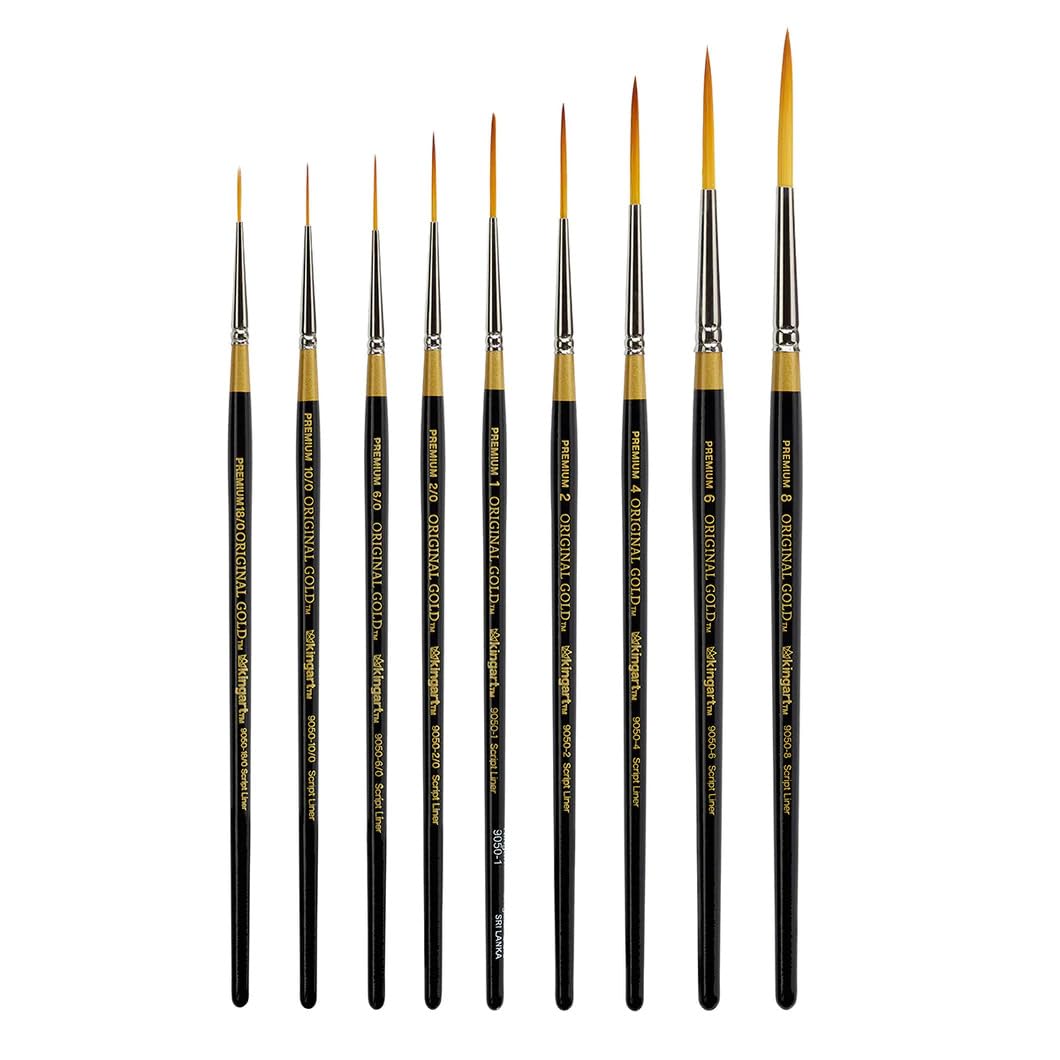 KINGART Original Gold 9050 Script Liner Series Premium Golden Taklon Multimedia Artista Pinceles Tamaños: 18/0, 10/0, 6/0, 2/0, 1, 2, 4, 6, 8, Set de 9