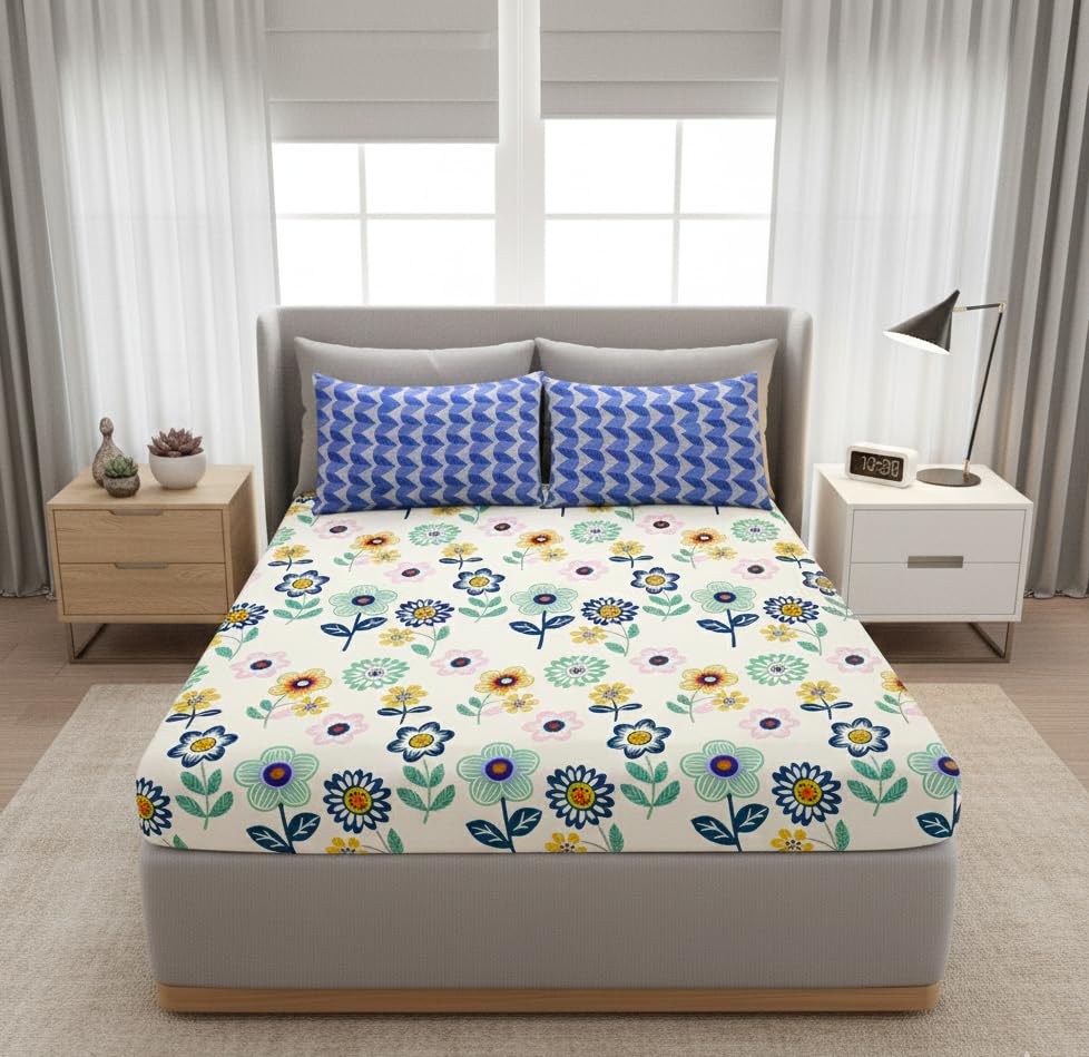 DECOMIZER 300 TC Cotton Feel Glace Cotton Elastic Fitted Printed King Size Double Bed Bedsheet with 2 Pillow Coverm Fits Upto 8 inches Mattress, Size- 72x78x10 Inches, Blue Sunflower