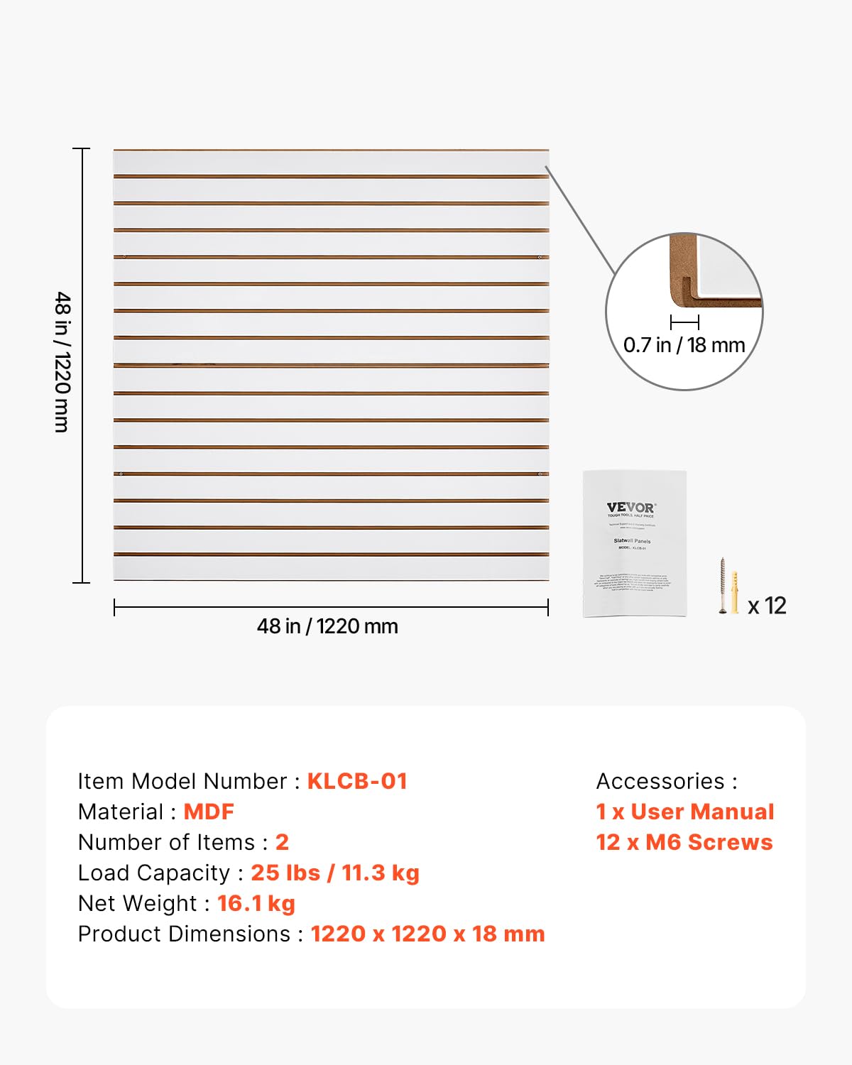 VEVOR Paneles de Pared de Listones 1220 x 1220 x 18 mm, Panel de Listones de Garaje de MDF Diseño Modular con Estructura de Acoplamiento y Corte de Bricolaje para Almacenamiento y Exhibición, Blanco