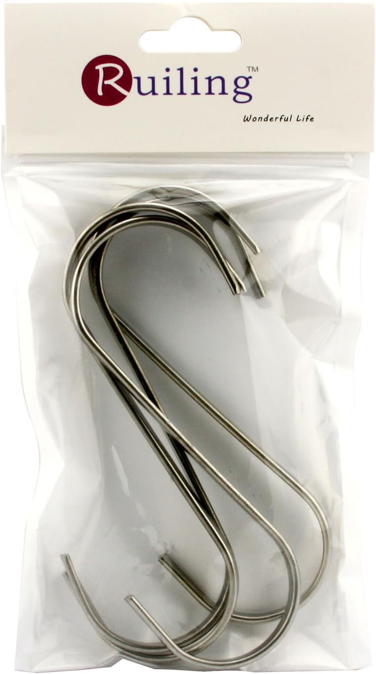 Premium 4-Pack Size Extra Large Brushed Stainless Flat S Hooks Kitchen Pot Pan Hanger Clothes Storage Rack, XXL, Metal, Metal, XXL/Flat