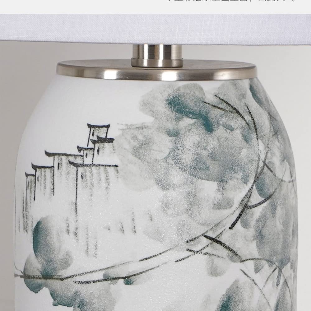 21,6-Calowa Ręcznie Malowana Ceramiczna Lampa Stołowa Led Z Pejzażem, Chińska Lampa Retro Do Sypialni, Stolik Nocny, Gabinet, Salon, Korytarz.