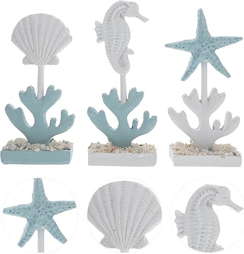 Miniatura 9 de FOMIYES Decoración de mesa, 3 piezas, escultura de caballito de mar, estatua de caballito de mar, estatua de arte mediterráneo, estatua de caracola,