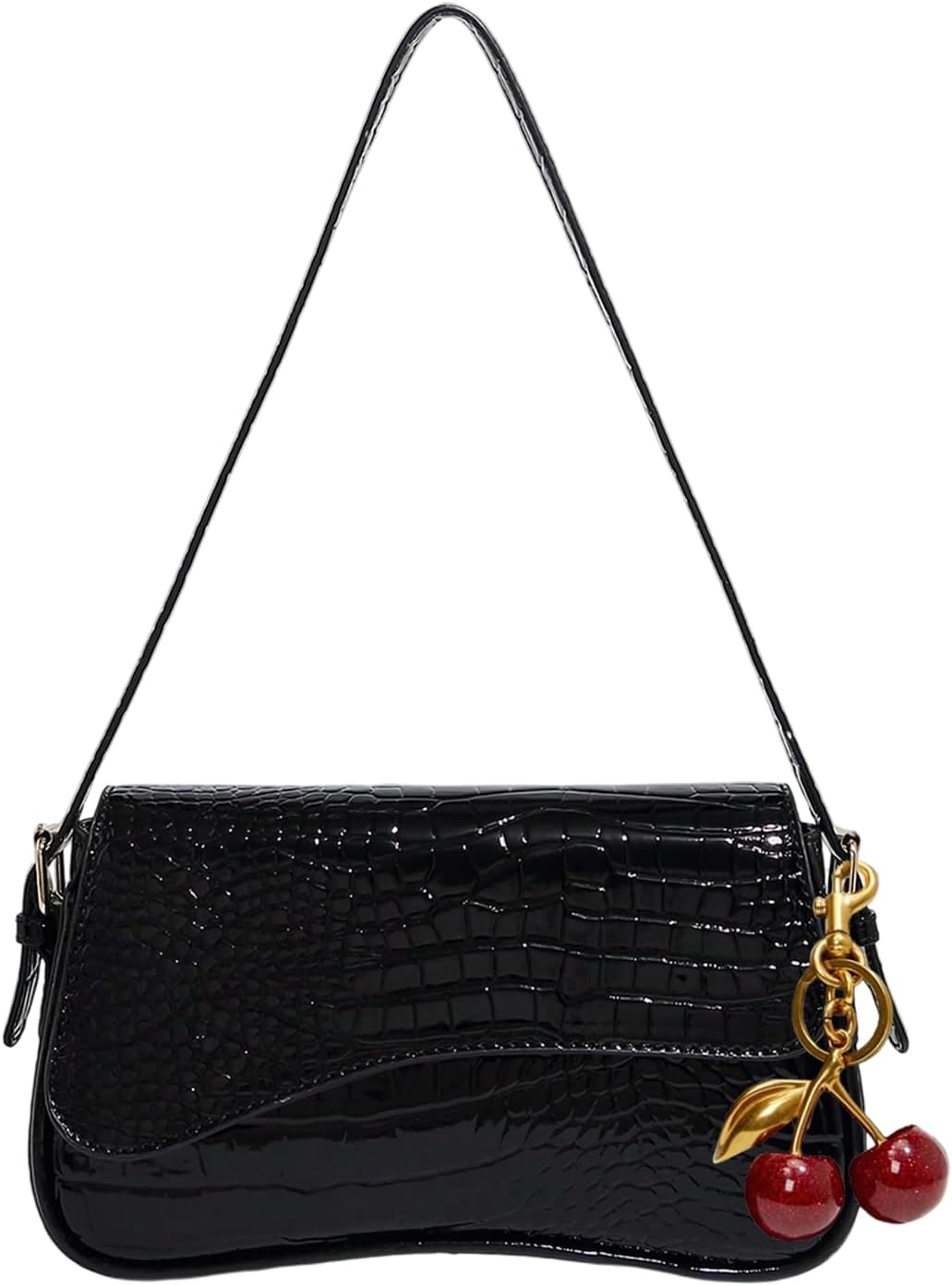 Women's Crocodile Print Shoulder Bags with Cherry Pendant Y2k Clutch Bag Hand Bag