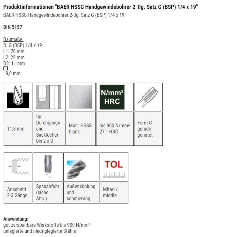 BAER HSSG Lot de 2 tarauds manuels G (BSP) 1/4 x 19 – tarauds à main – Filetage de tuyau – Filetage – Foret