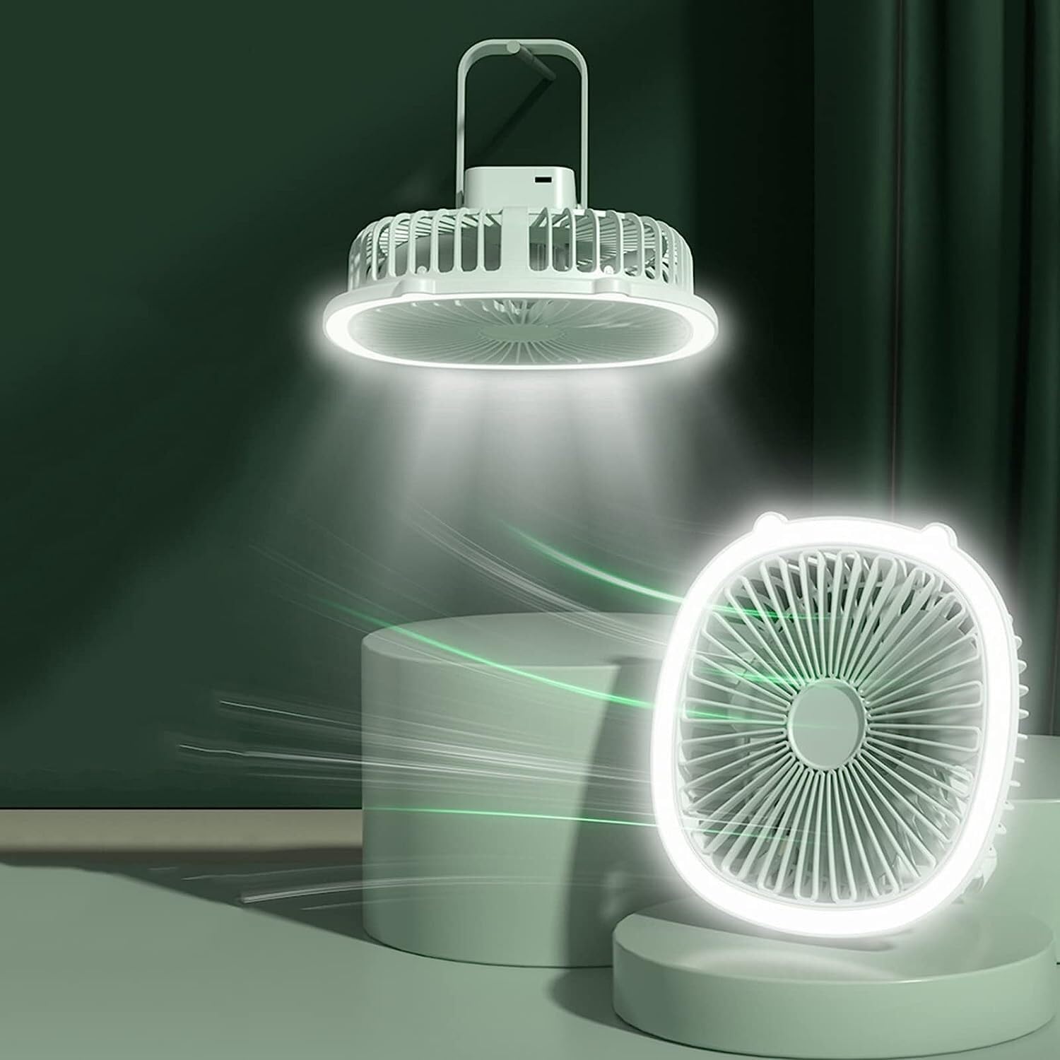 Wentylator Biurkowy USB Przenośny Wentylator Z Lekkim Wentylatorem Sufitowym LED Akumulator Regulacja Wentylatora Zewnętrznego 3 Prędkości Do Biuro Podróży(Grün)