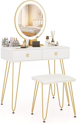 Miniatura 8 de COSTWAY Escritorio de tocador con espejo y luces, juego de tocador de maquillaje con 3 modos de iluminación de color y brillo ajustable, espejo de