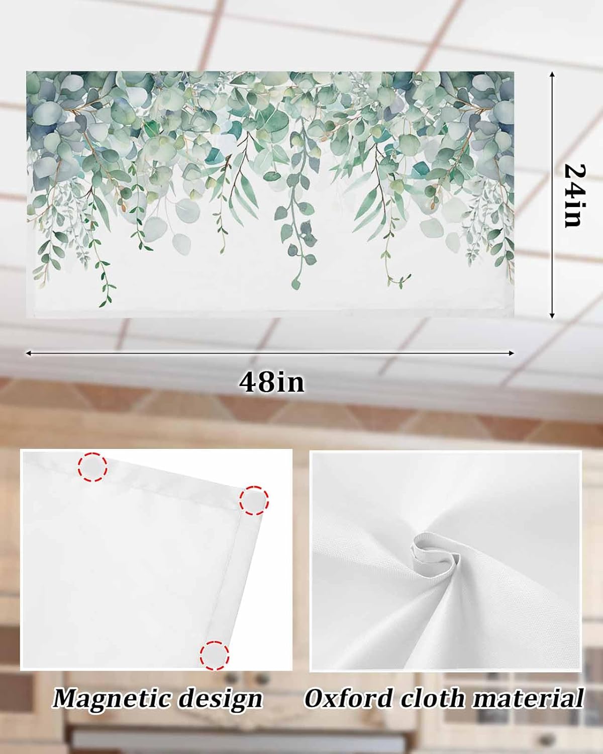 Green Eucalyptus Magnetic Fluorescent Light Covers for Ceiling Lights 2 x 4 Feet,Vintage Botanical Leaves Aesthetic Floral Plant Office Classroom Kitchen Drop Ceiling Light Filter Covers 3 Packs