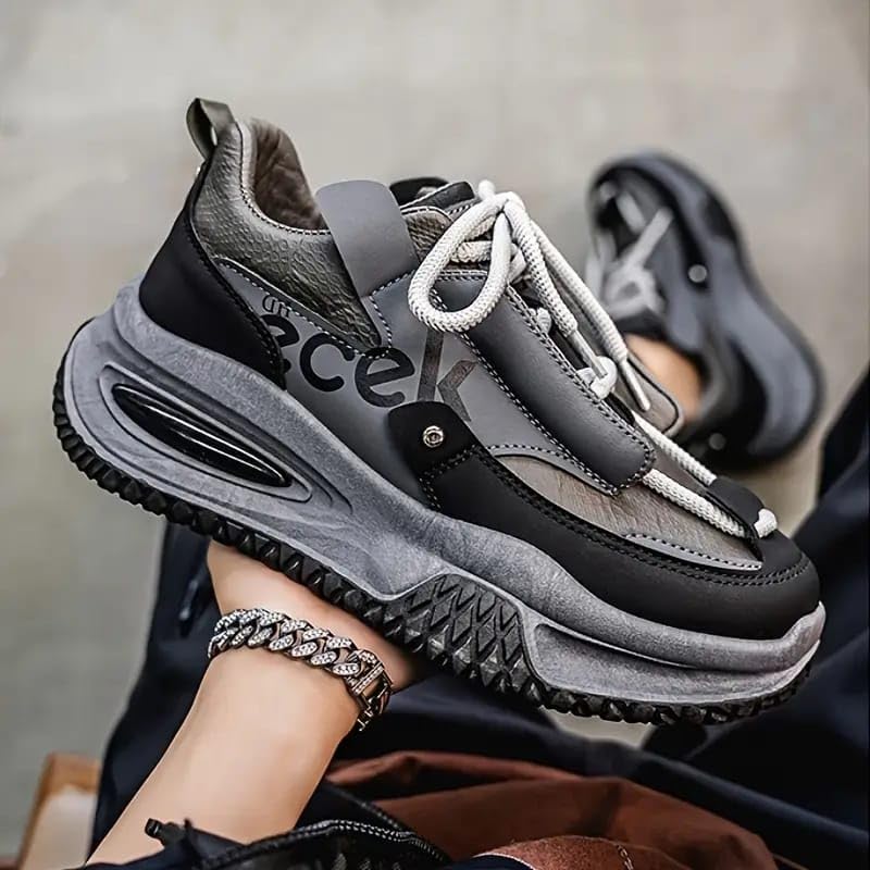 Image of Men's Athletic Running Shoes, Synthetic Leather and Mesh, Black and Grey, Air Cushioned, Lace-up