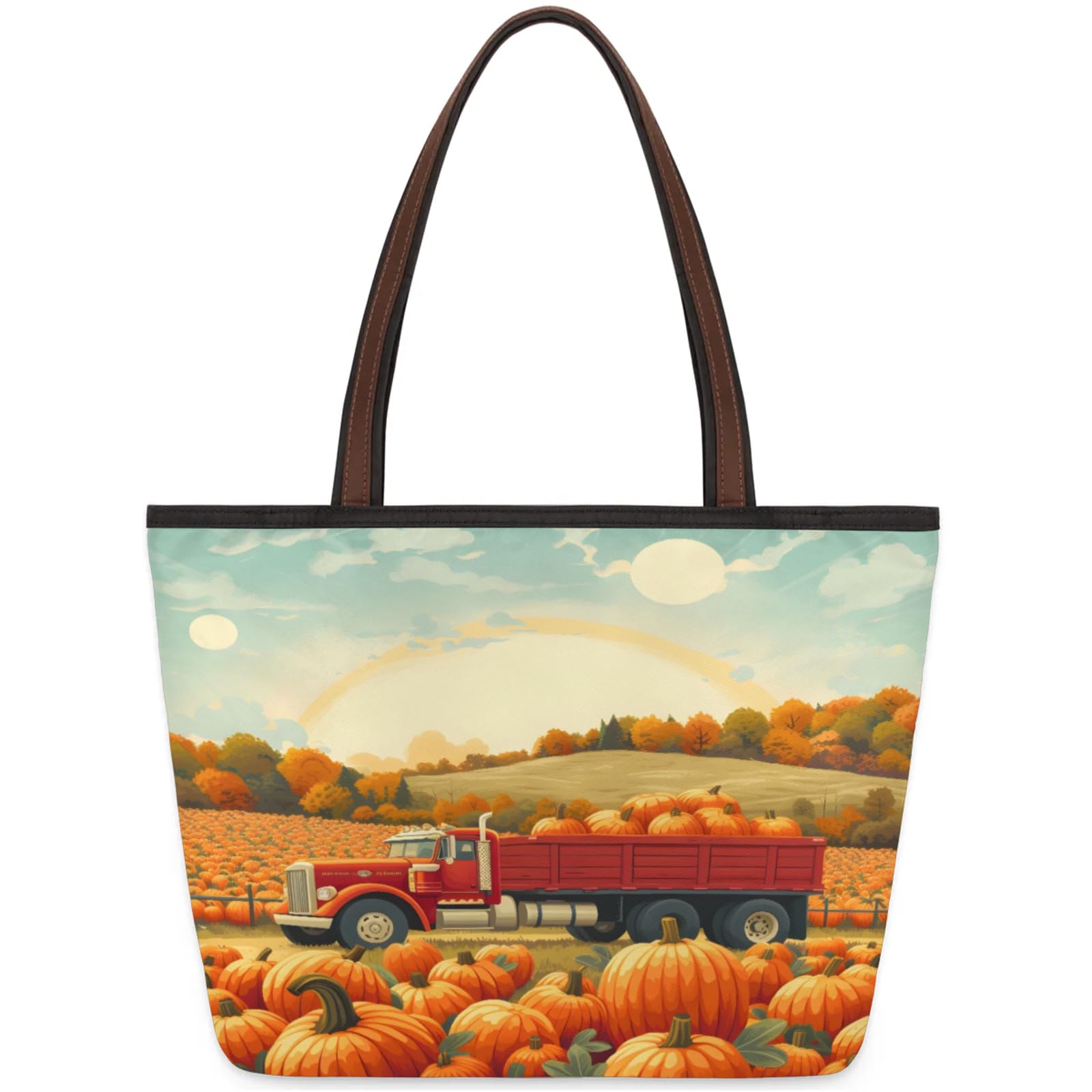 Truck Pumpkins Tote Bag Multi Pocket Zippered Beach Bag Lightweight Waterproof Handbag for Women Men Work Gym Travel Swimming Yoga Grocery Shopping L