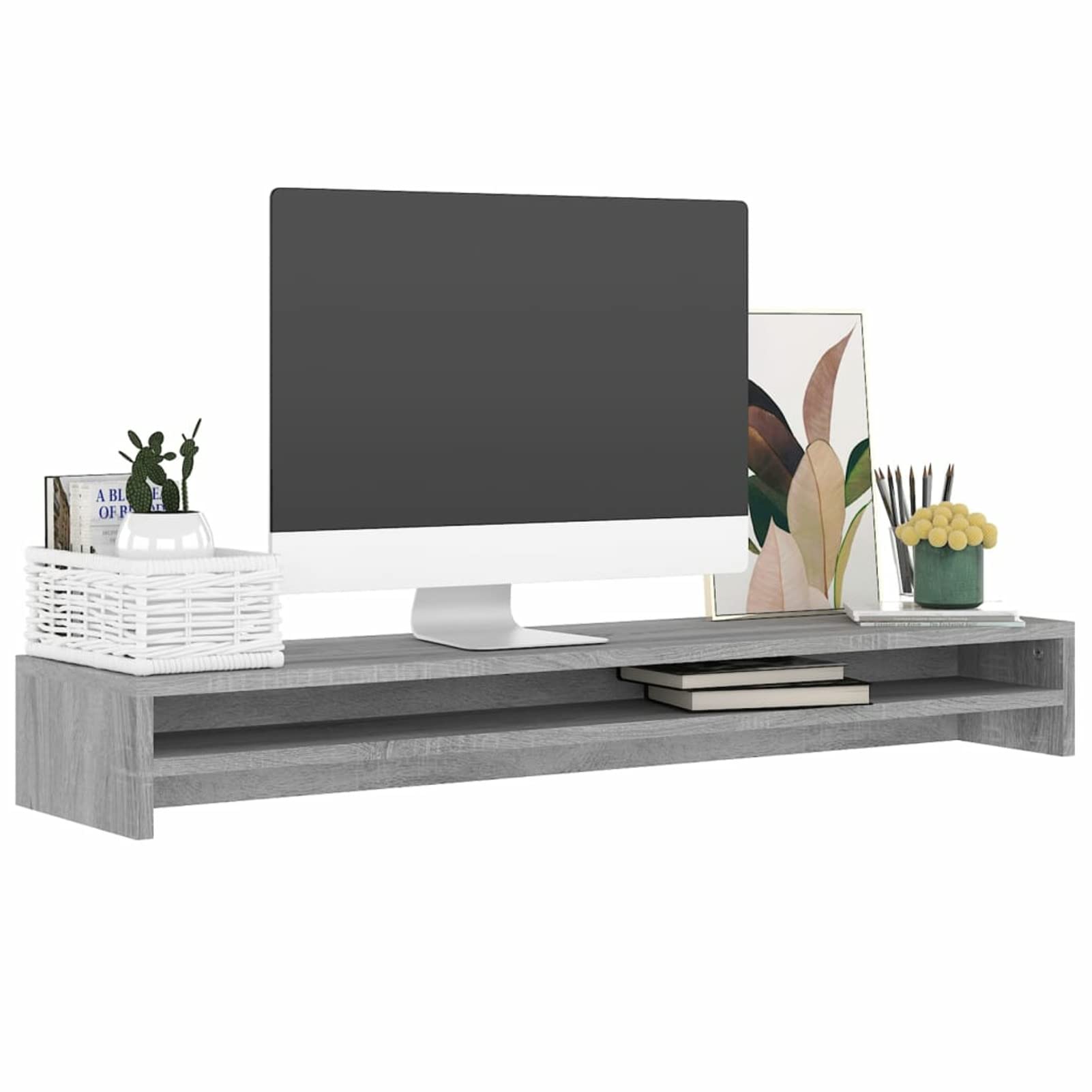 LAPOOH Stojak na monitor, stojak na ekran komputera, stojak na monitor biurko, akcesoria biurowe, akcesoria biurkowe, podstawa monitora, sklejka sonoma szara 100x24x13cm