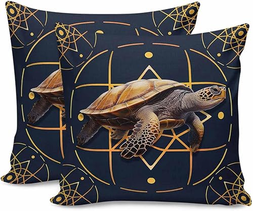 Pack of 2 Cotton Throw Pillow Covers, Turtle Circles Dots Gold Lines Geometric Navy Blue Soft Square Pillow Covers Home Decoration Pillowcases for