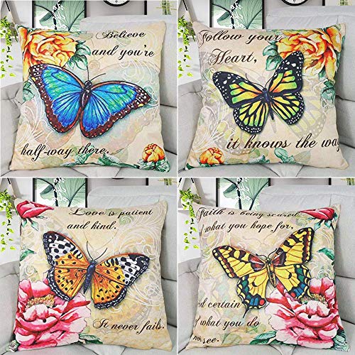 Spring Summer Butterfly Throw Pillow Covers 18X18 Outdoor Butterfly Quato Farmhouse Pillowcover For Bench Sofa Home Outdoor Spring Decor, 4 Pack #TOP6