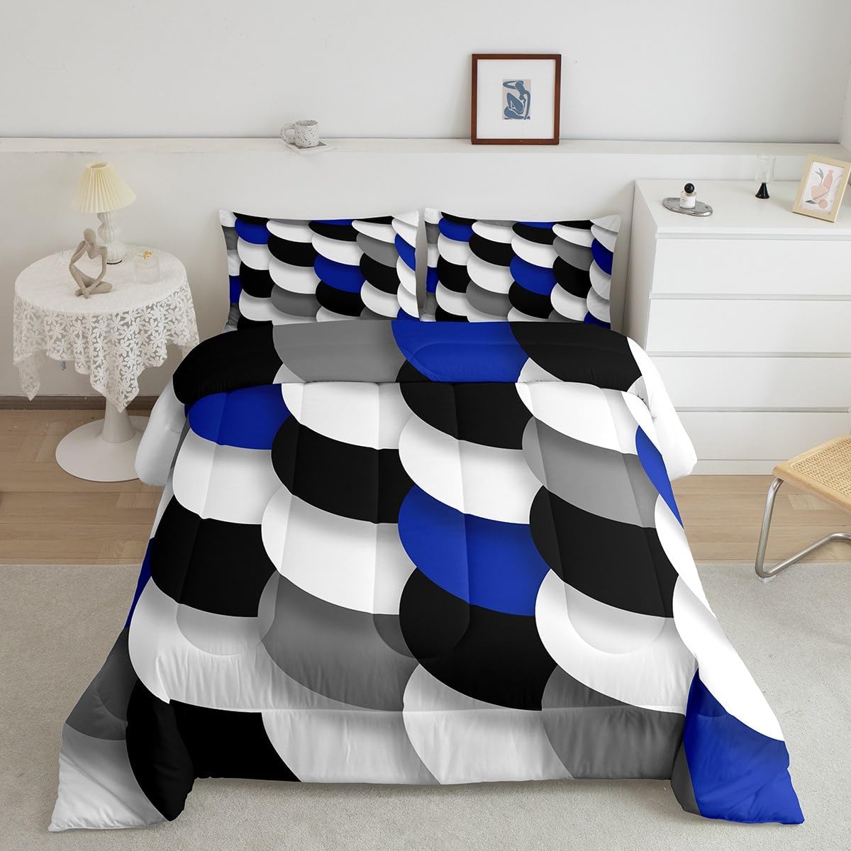 jejeloiu Kids Blue Black White Geometric Bedding Set Toddler Size Abstract Art Comforter Set for Boys Girls Abstract Duvet Quilt