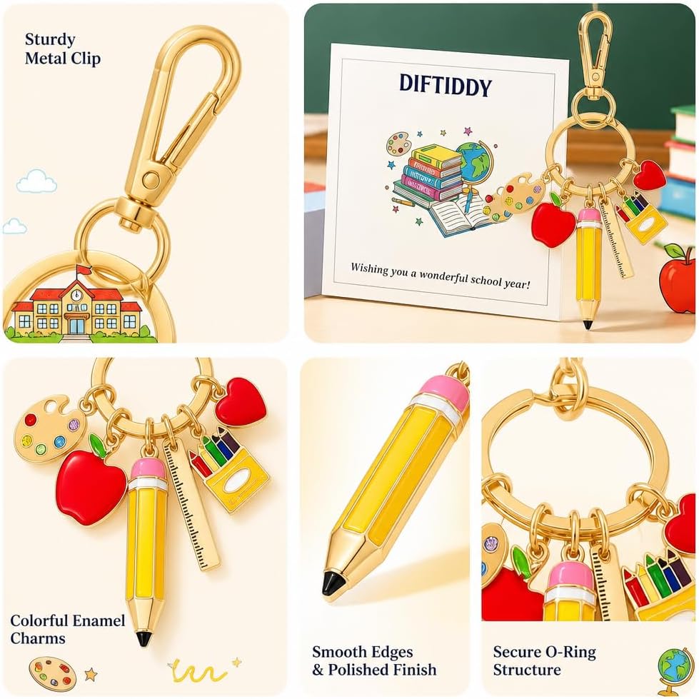 Back To School Decorations Keychain Back to School Gift for Women Apple Pencil Crayons Charm Key Ring Cute Handbag Bag Accessory Graduation Gifts image 2