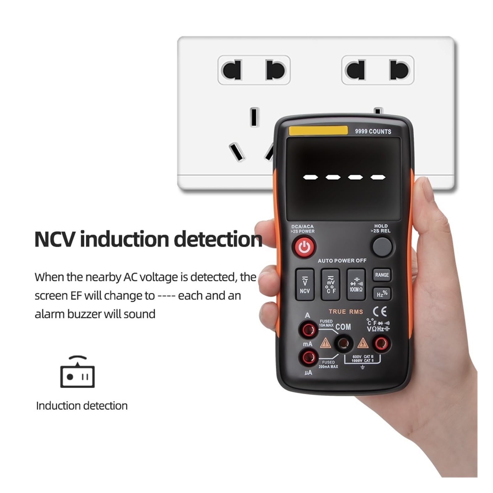 Multimetr Cyfrowy 9999 Zlicza True Samochodowy Tranzystor Elektryczny Kondensator NCV Tester Profesjonalny Miernik Test Szybko Dokładnie Łatwy Odczyt(Q1 Orange)