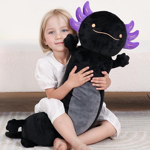 Miniatura 3 de Dalmao Peluche de ajolote negro de 36 pulgadas, suave y larga, almohada de peluche para abrazar, regalo para niños, cumpleaños, San Valentín, Pascua