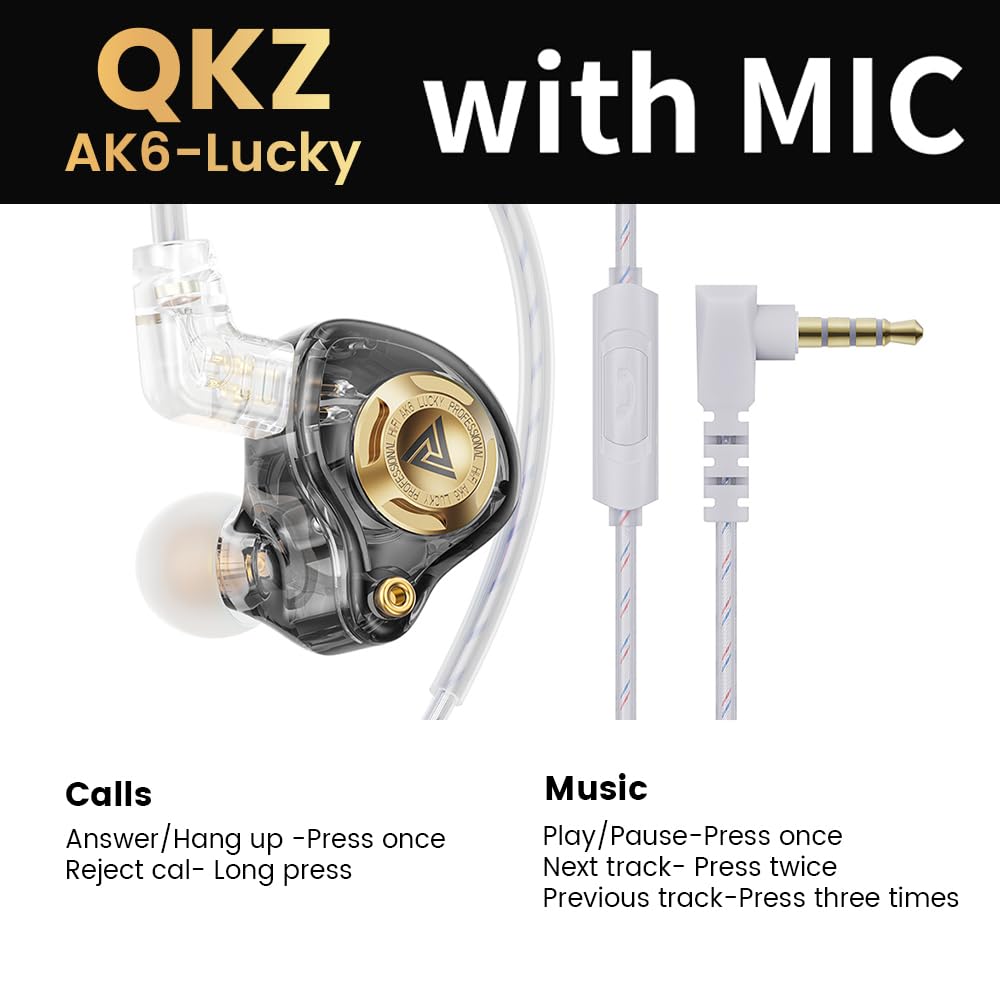 Qkz Ak6 Lucky in Ear Monitor, przewodowe słuchawki HiFi, Tunable Dźwięk, przewodowe słuchawki douszne do gier z 3-stopniowym przełącznikiem regulacji, odłączany kabel do gier, połączeń wideo