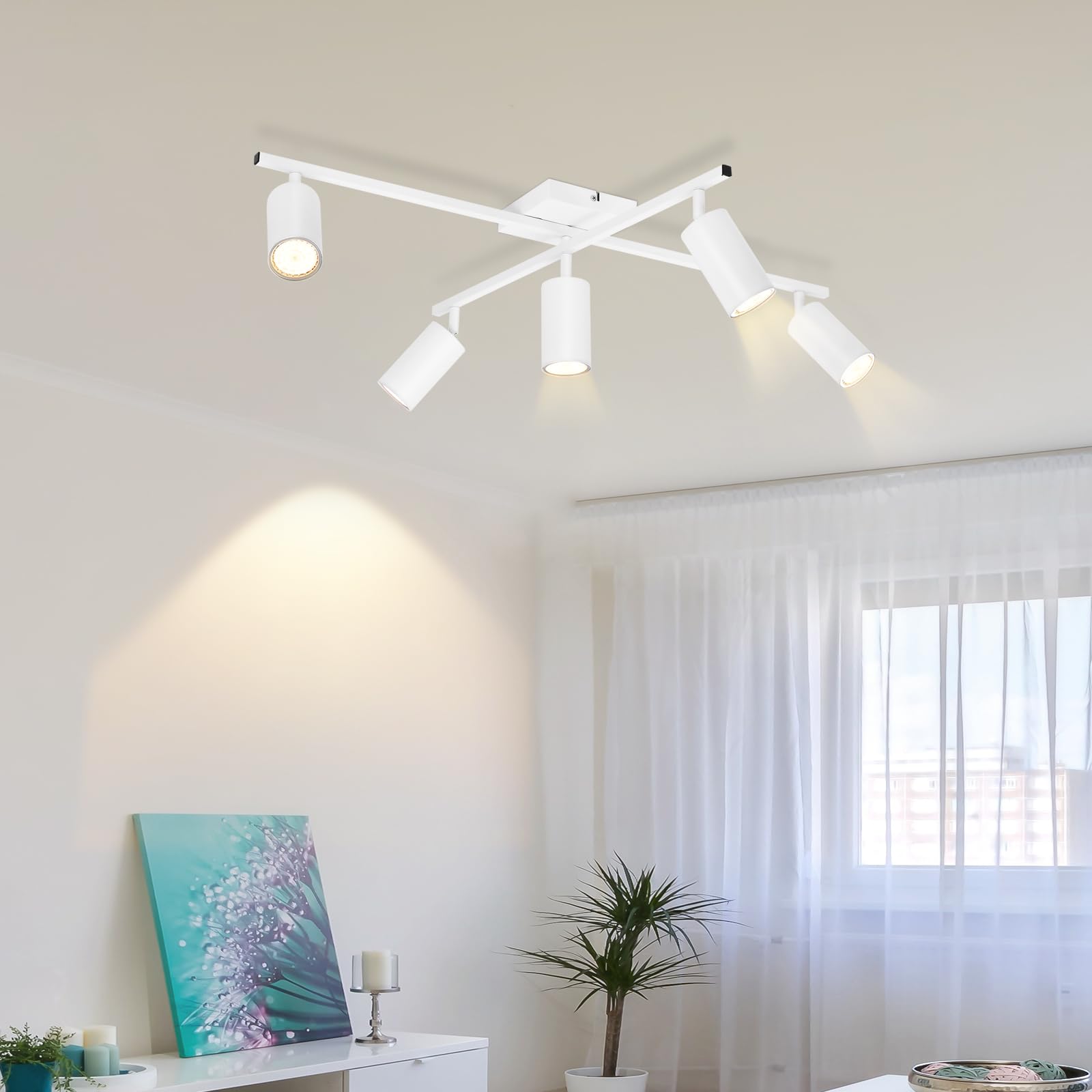 LED Deckenstrahler Weiß Spots Deckenleuchte 5 Flammig Deckenspots | Küche 350°Schwenkbar modern Deckenlampe Strahler Wohnzimmerlampe Industrial für Esszimmer inkl. 6 × GU10 3000K Leuchtmittel