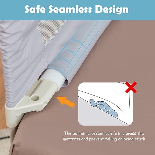 Miniatura 5 de BABY JOY Riel de cama para niños pequeños, 57 pulgadas, extra largo, altura ajustable y plegable, protector de riel de cama de bebé con malla