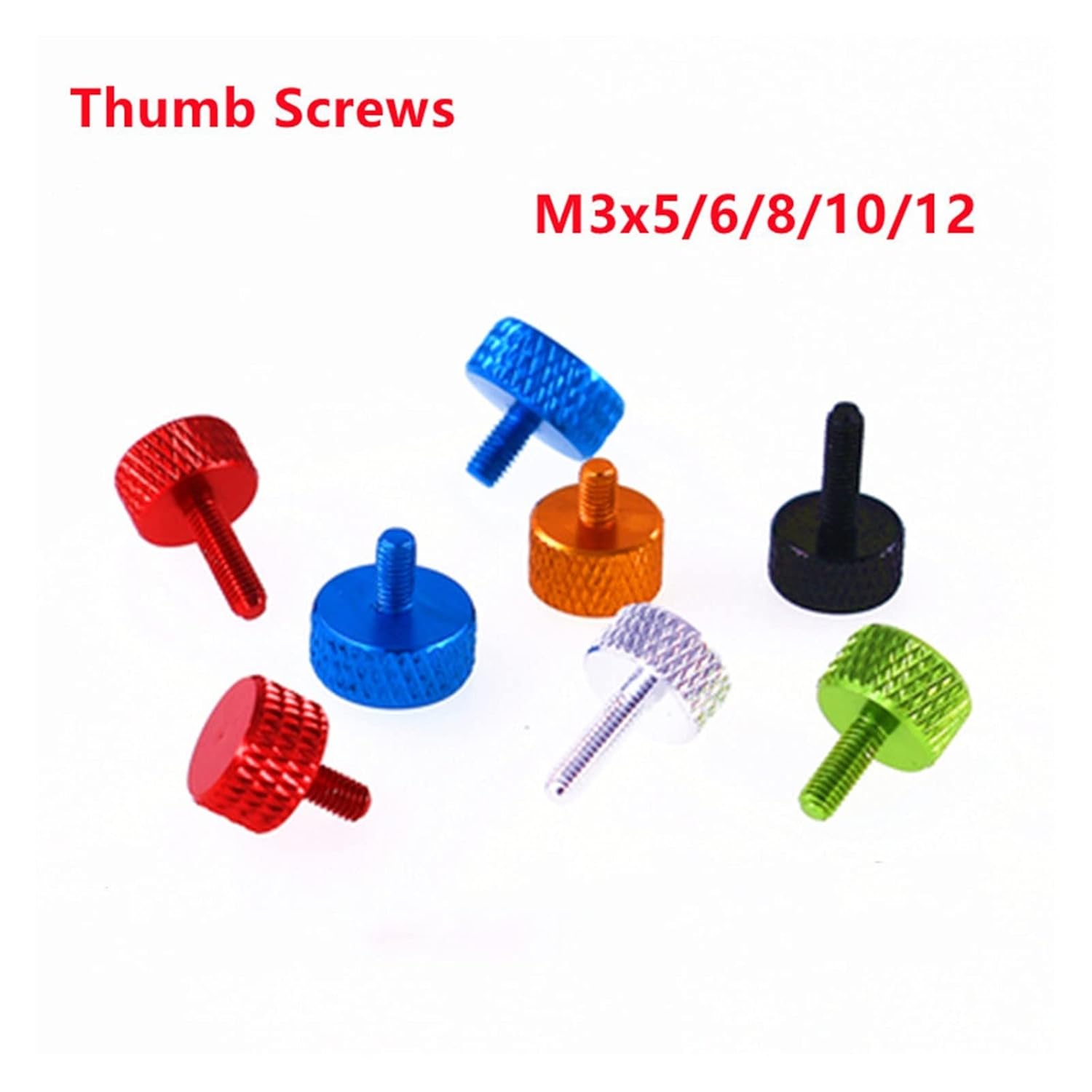 Knurled Thumb Screws，Thumb Screws， 10pcs Thumb Screw M3X5/6/8/10/12 Knurled Flat Head Colourful Aluminum Hand Tighten Computer Case DIY Hard Disk Graphics Card(Red,12MM-M3)