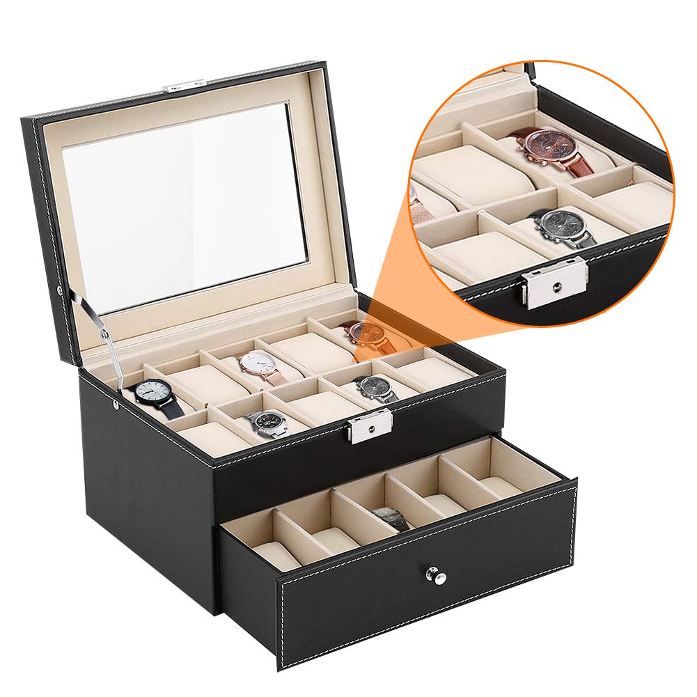 Caja Organizador para 20 Relojes de Piel Sintética con Forro Interior Terciopelo Tamaño 28 3 x 20 3 x 16 6 cm