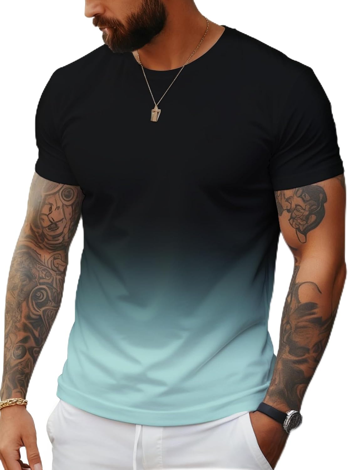 Mens Graphic T-Shirts Gradient Short Sleeve Round Neck Tee Summer Tops