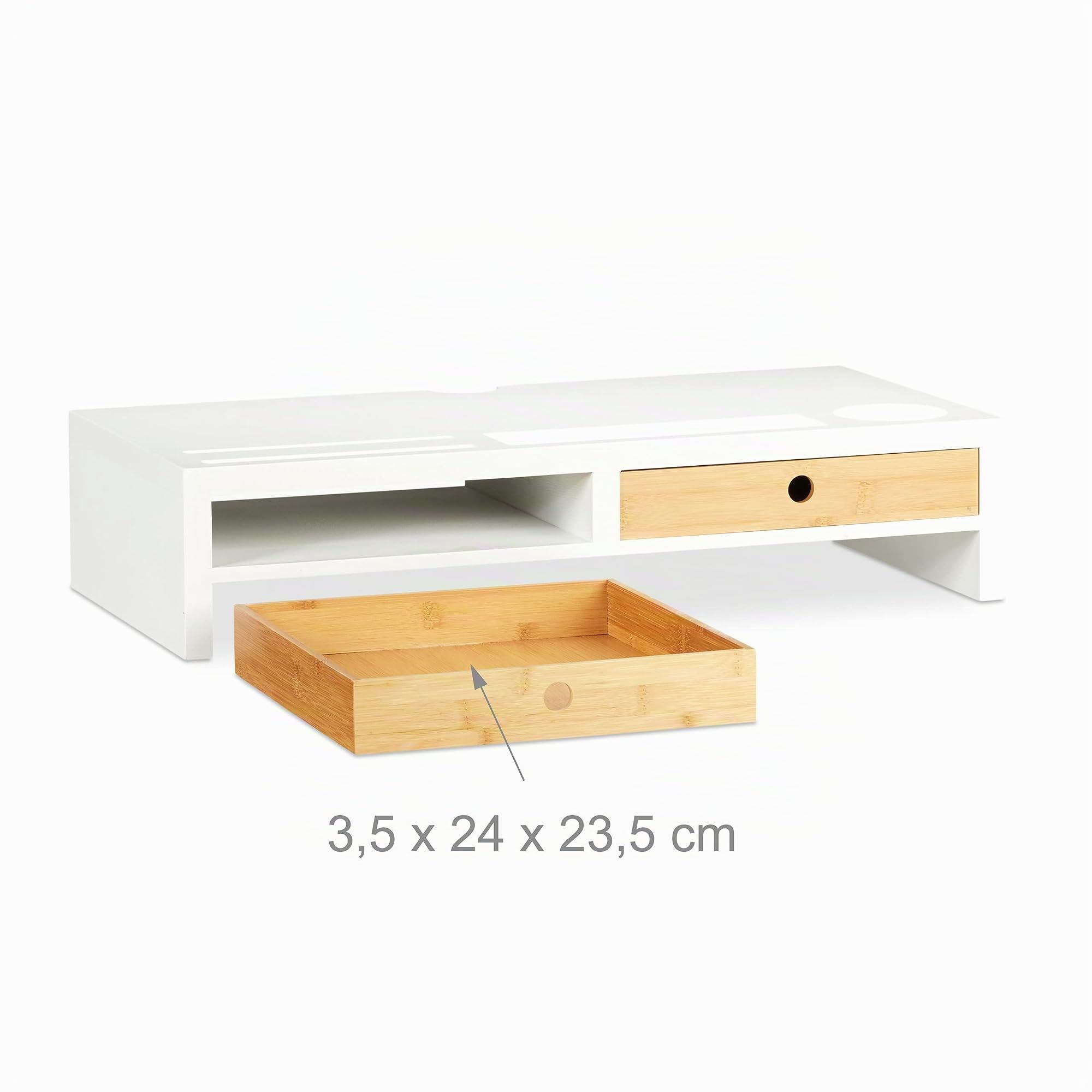 Relaxdays Support moniteur, 2 tiroirs, Rehaussement PC pour bureau; Bambou et MDF HLP: 12 x 55,5 x 27 cm, blanc/nature