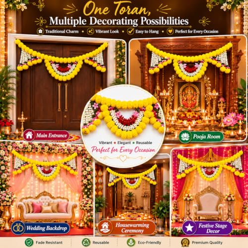 Image of Artificial Marigold Flower Toran for Main Door Entrance Traditional Bandarwal Door Hanging with Jasmine Strings for Diwali Pooja, Wedding & Housewarming Decoration 44 inch