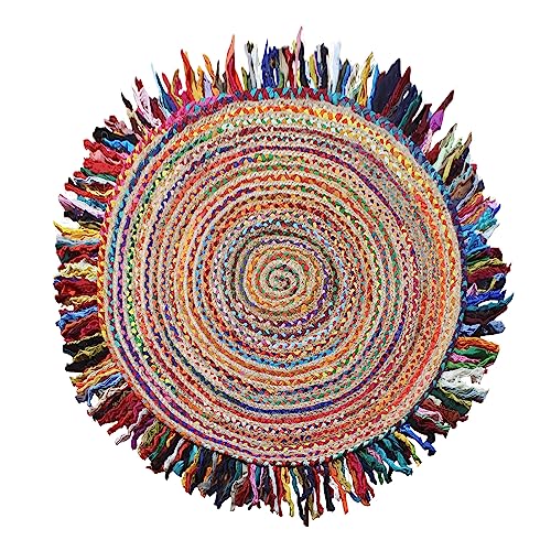 Braided Tassel Chindi Cotton & Organic Soft Jute Rug, Indian Kilim Area Rugs - Circular 6x6 Ft Medium Knit Flatweave Carpet Dhurrie for Living Room Kitchen Entryway Dining Room Bedroom (Multicolor)