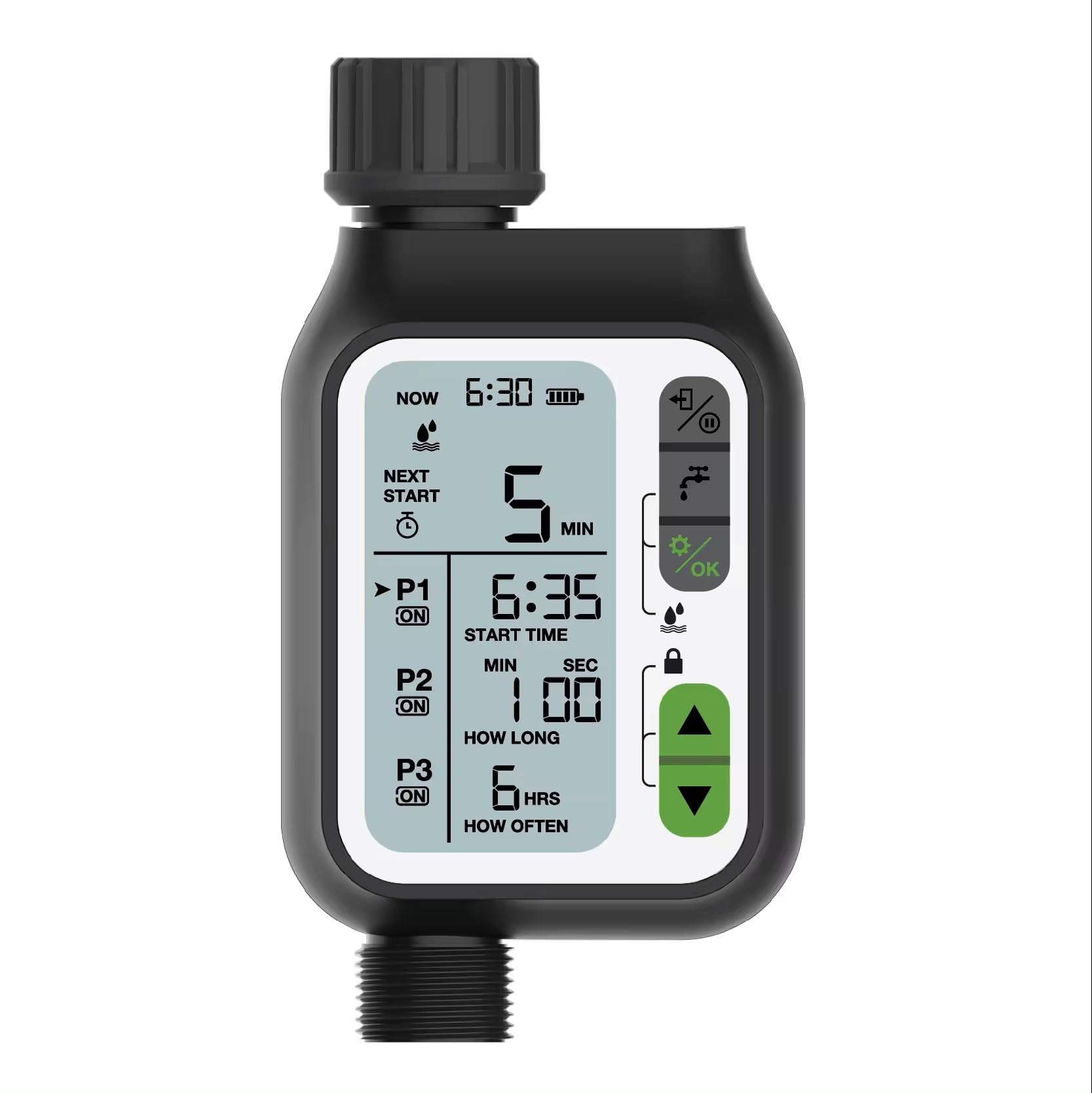 Temporizador de Riego con Sensor de Lluvia, 3 Programas, Pantalla LCD 3.5", IPX5 Resistente al Agua, Toma de 1/2"-3/4" para Jardín, Huerto, Cesped (Mod.355_Digital 3 Programs & Rain Sensor)
