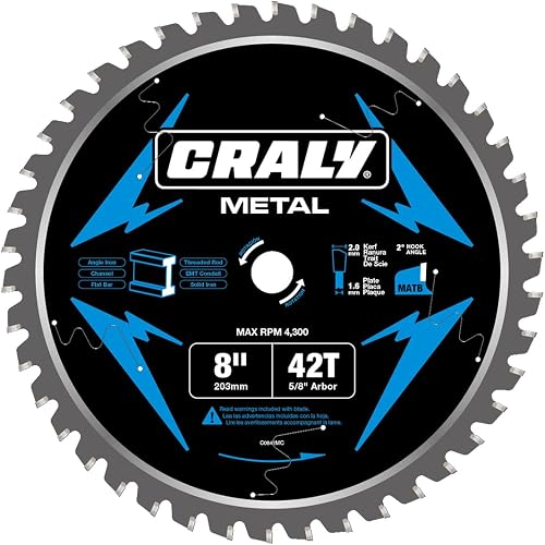 CRALY 8 Inch 42 Teeth Steel and Ferrous Metal Cutting Circular Saw Blade, 5/8 Inch Arbor, Thin Kerf, Professional Carbide Tipped Blade for Angle Iron, Threaded Rod, EMT Conduit(C0842MC)
