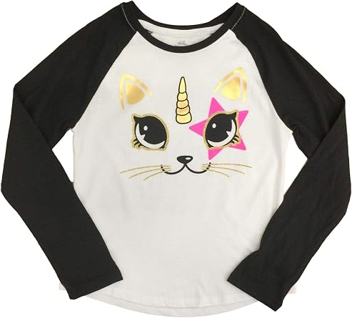 Girls White & Black Kitty Cat Unicorn Glitter Halloween Long Sleeve Shirt XS
