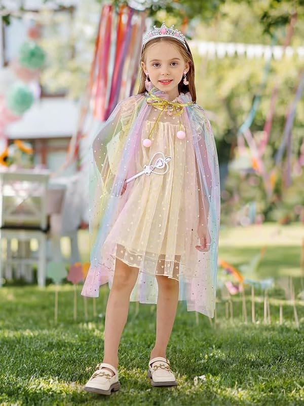 Image of Princess Cape for Girls - Colorful Sequin Cloak with Crown and Wand for Birthday, Halloween, Fancy Dress & Carnival