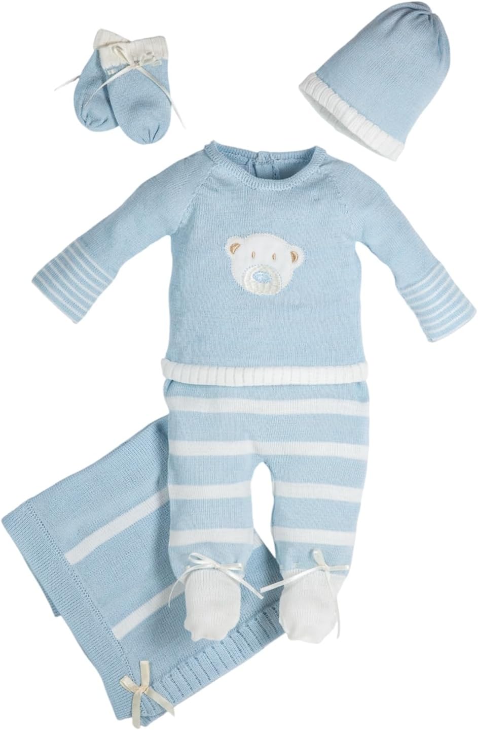 Baby Boy Take Me Home Set – 4-Piece Knitted Outfit with Mittens & Cap – 100% Cotton – Baby Blue with Ivory Details, Handcrafted Newborn Set (No Blanket)