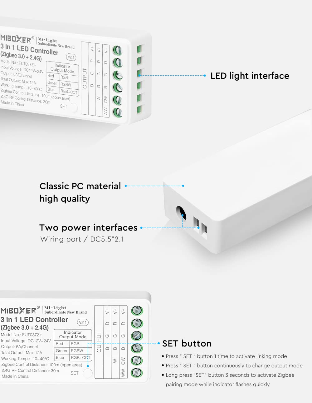 LIGHTEU®, Milight Miboxer Zigbee3.0 i 2.4GHz 3 w 1 (RGB, RGBW, RGBCCT) kontroler taśm LED 12V-24V kompatybilny z Zigbee Gateway, pilot 2.4Ghz, APP/sterowanie głosowe, FUT037+
