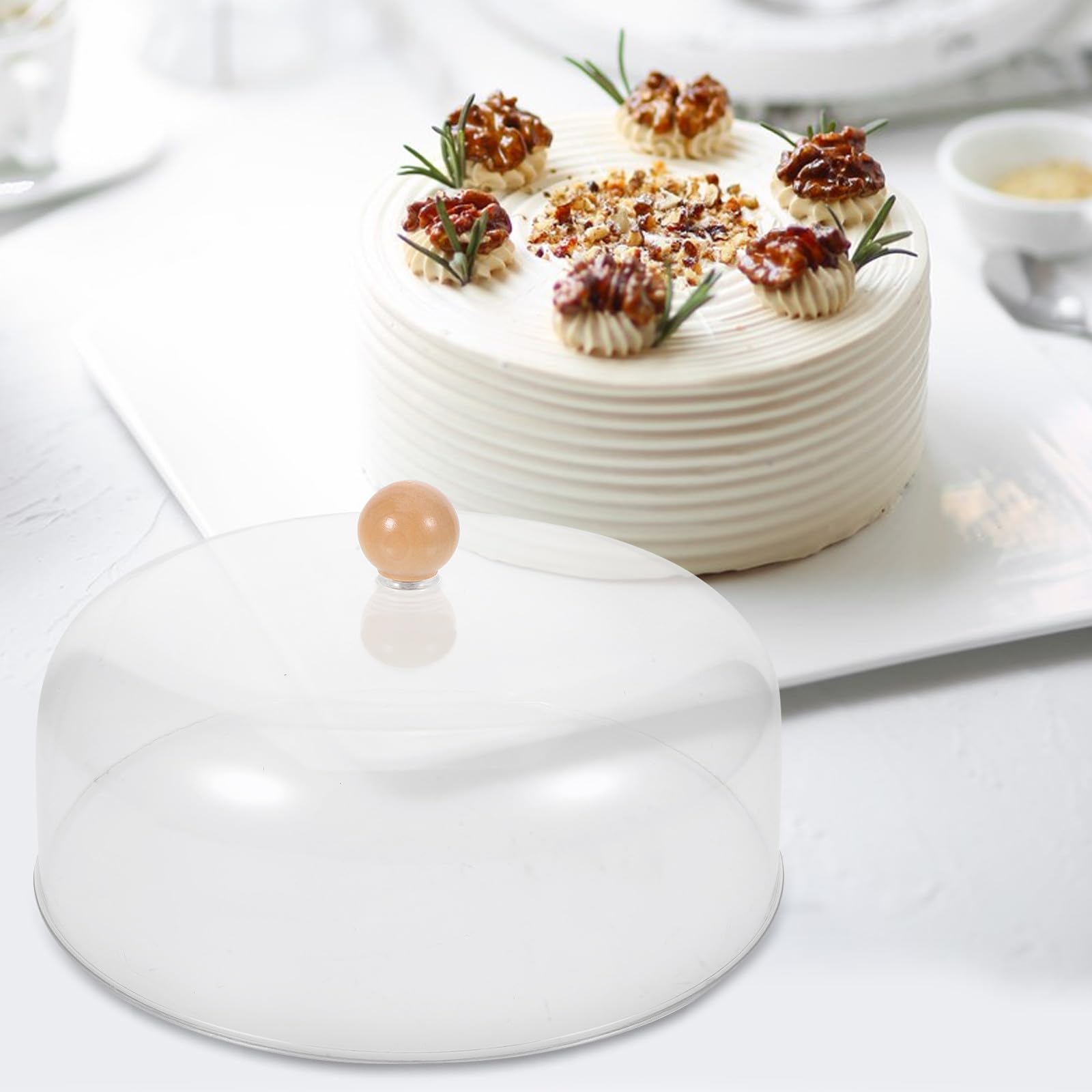 Housoutil Coperchio Rotondo per Alimenti e Torta 23 Cm in Acrilico Trasparente Manico in Legno, Copertura a Cupola per Formaggi e Pasticceria, Protezione Igienica per Cucina e Buffet