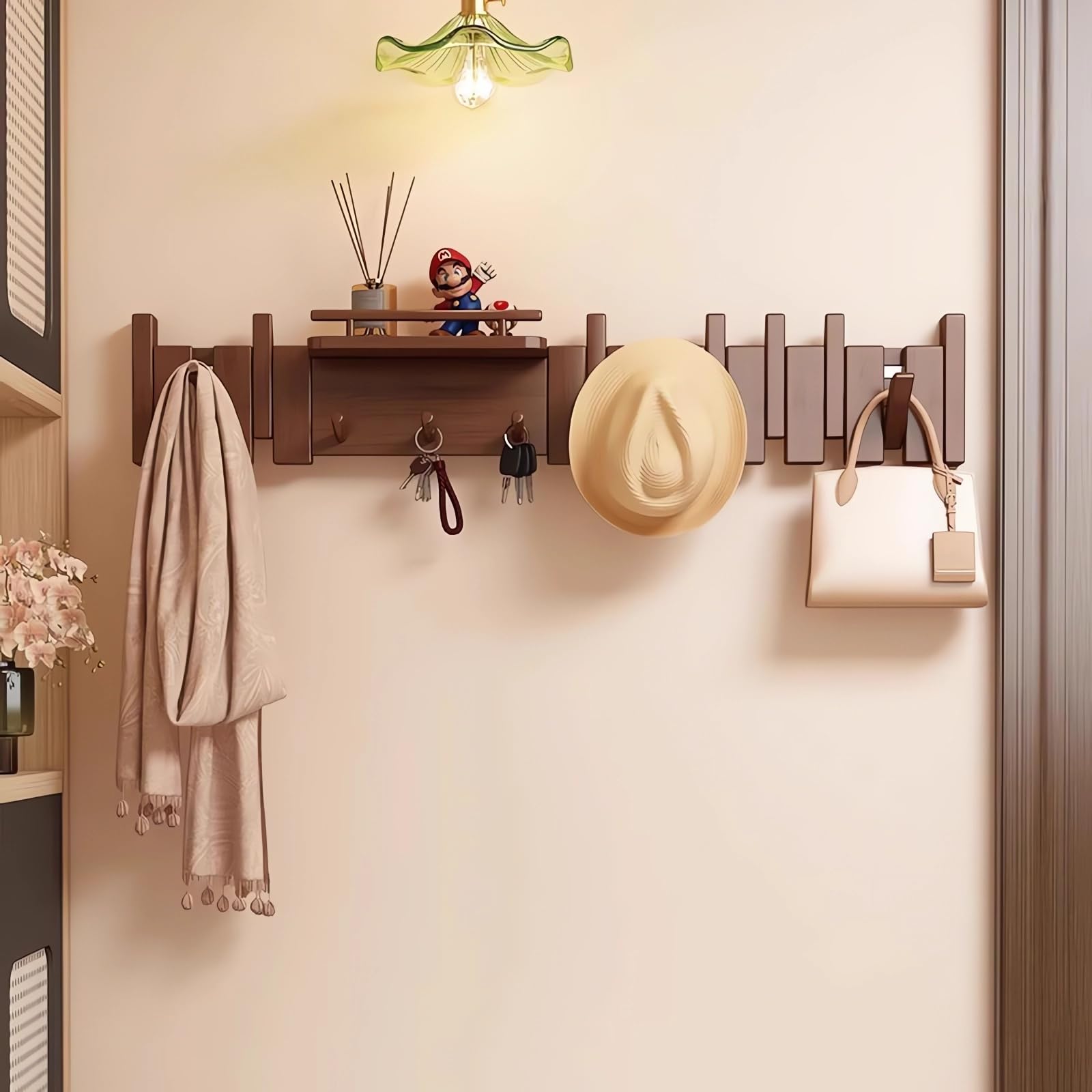Colgador de llaves de piano montado en la pared, gancho estilo abatible, gancho de pared de entrada, hecho de madera de roble (3 veces pintado, 4 veces pulido) (haya valla, 10 ganchos)