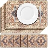 Bucherry 6 Sets Boho Cork Placemats 16 x 12 Inch Heat Cork Backed Placemats and 6 Coasters Retro Backing Autumn Table Mats Square Coasters for Rustic Kitchen Dinner Table Setting Decorations Supplies