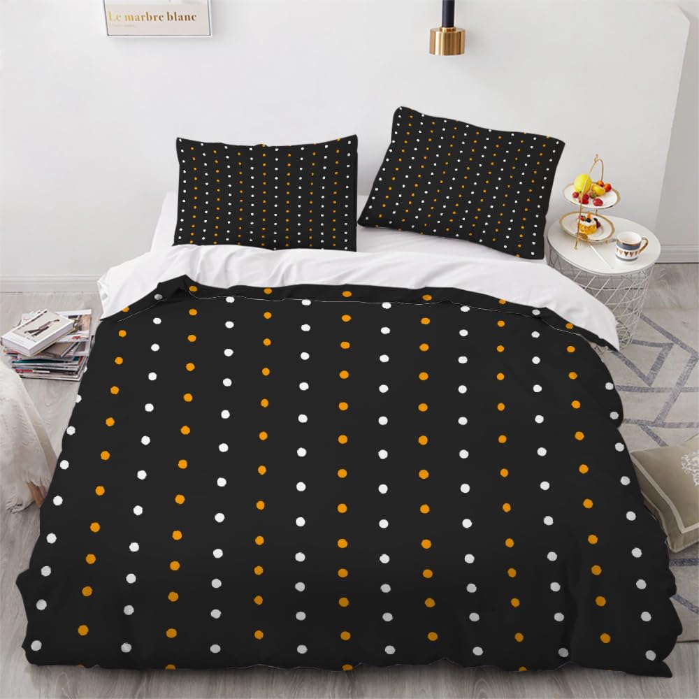 SANSJI Polka Dot Black Super King Duvet Set, White & Orange Circle Microfiber Bedding Set with 2 Pillowcase, Simple Retro Breathable Comforter Cover for All Seasons, Nordic Quilt Cover