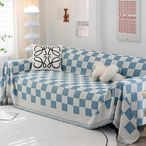 GIIPET-マルチカバー シェニールチェック柄ソファーカバー マルチカバー 北欧風 ソファカバー 長方形 ブランケットフリンジ付き 1 2人掛け カウチ ベッドカバー カーペット テーブルクロス 保護カバー ほこり キズ 汚れ防止 洗える 四季通用