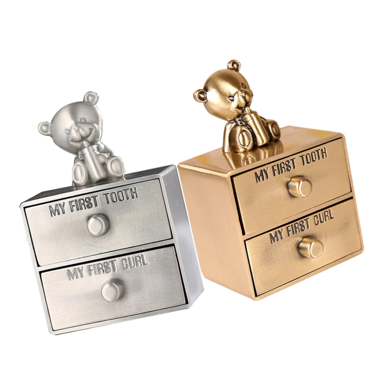 Caja para Guardar Dientes de Leche y Rizos para Bebés Niño y Niña, Metálica, Dorada y Plateada, Almacenamiento Significativo para Recuerdos Infantiles, Set de 2 Unidades